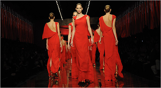 Valentino's finale at the Rodin Museum was bathed in red, his favorite color. (Jean-Luce Huré for The New York Times)