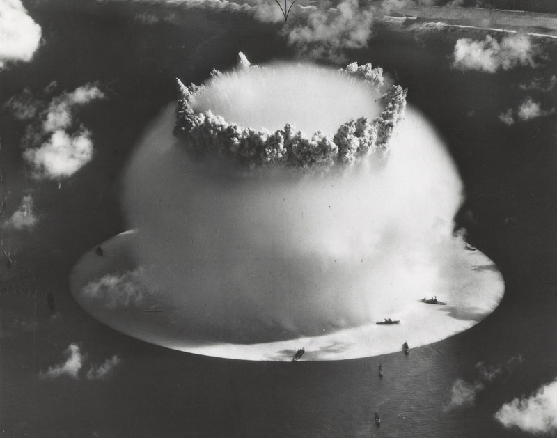 A 1946 test of a U.S. atomic bomb in the lagoon at Bikini Atoll.  [Source: aip.org]