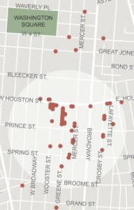 Map depicts location of brothels in 1870. Today the Soho block of Greene Street between Houston and Prince is part of Soho and one of the wealthiest blocks in the New York City (and the world). [Source: aidwatchers.com]