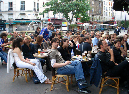 Even World Cup Soccer can't stop the kissing at a cafe on Rue MOuffetard, Paris