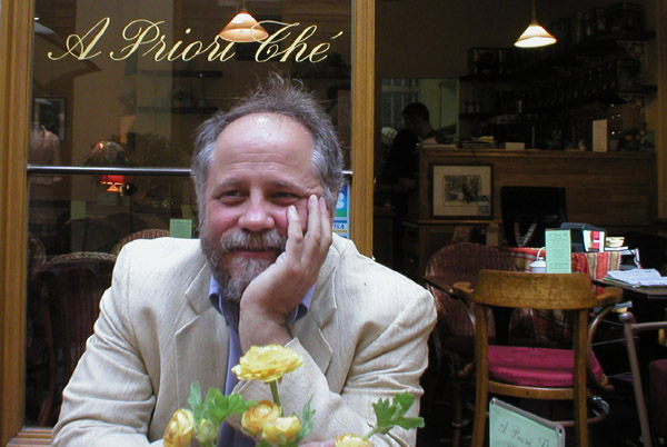 Mark Willis muses over coffee in Galerie Vivienne, Paris 2007.
