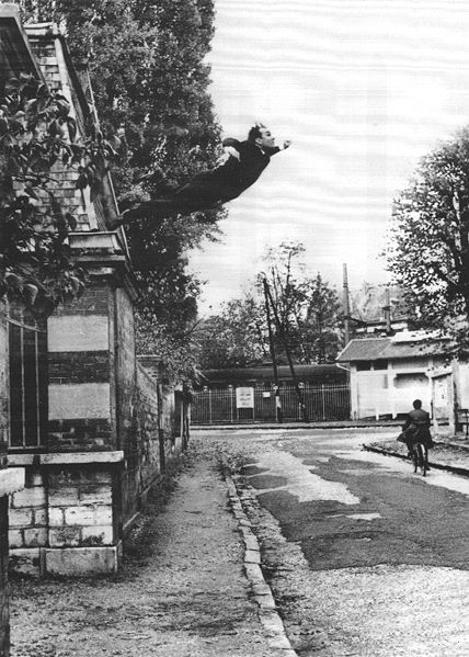 Le Saut dans le Vide (Leap into the Void) is a photograph of a performance by Yves Klein at Rue Gentil-Bernard, Fontenay-aux-Roses, October 1960. [Photo by by Harry Shunk/Wikipedia]